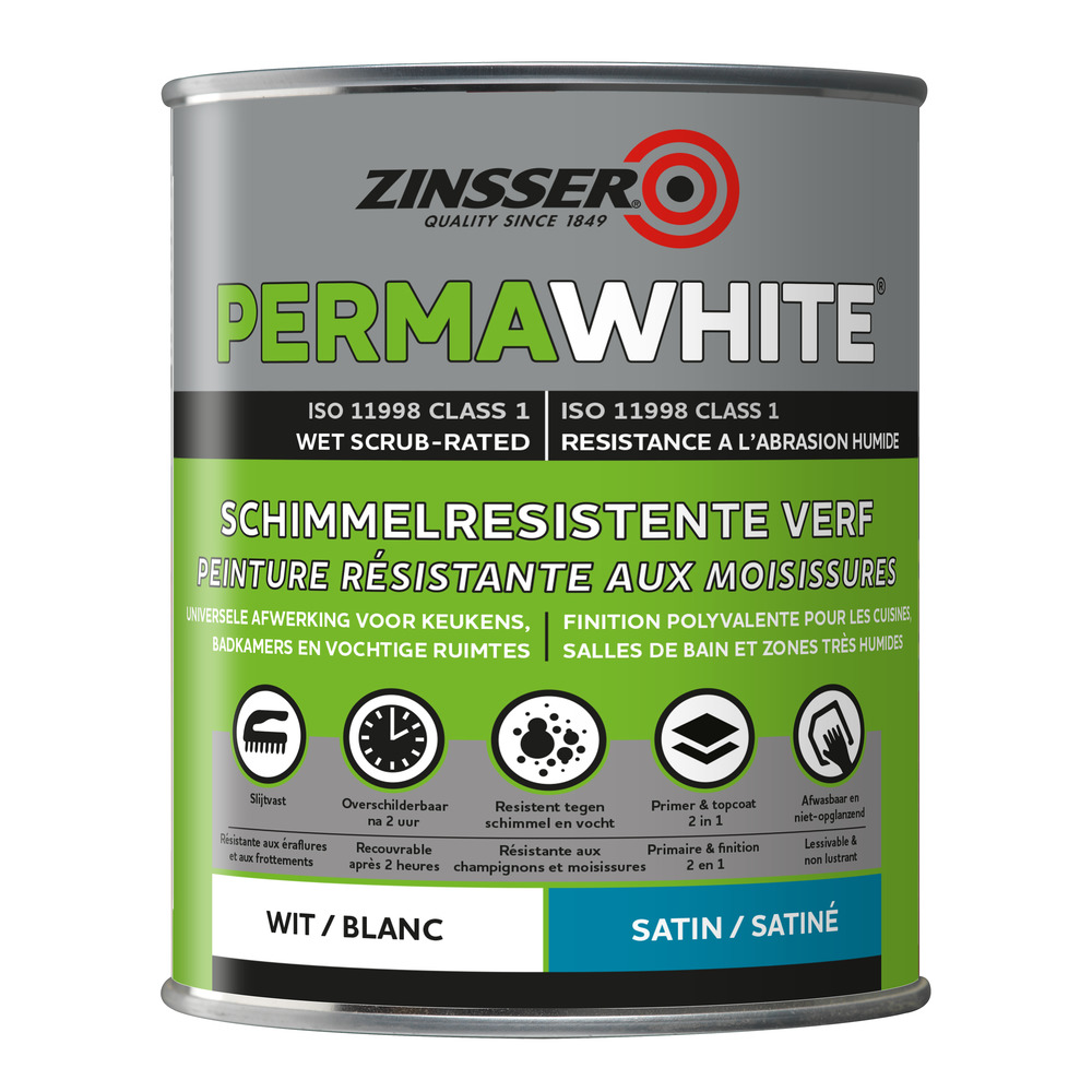 Zinsser Muurverf Perma-White Satin Wit 1L - Bouwmaat