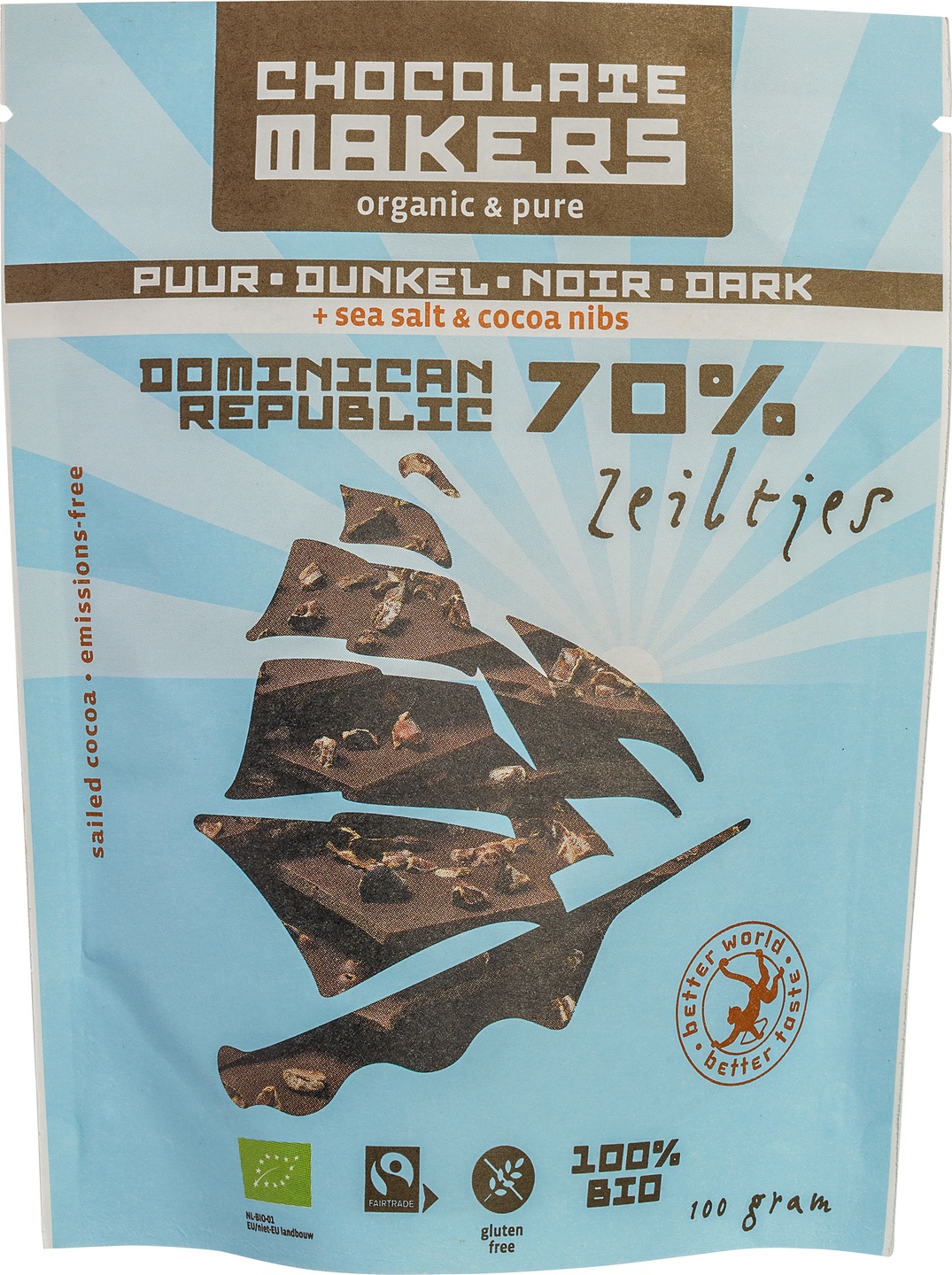 Chocozeiltjes puur 70% met zeezout & nibs