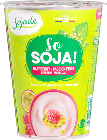 Plantaardige variatie op yoghurt soja - framboos