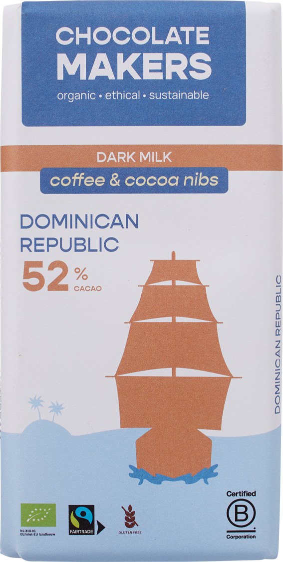 Donkere melkchocolade koffie & cacao nibs Dominicaanse Republiek 52%