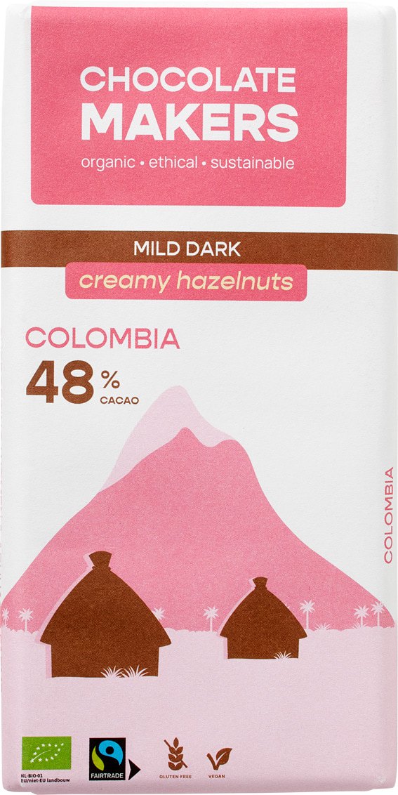 Milde pure chocolade romige hazelnoot Colombia 48%