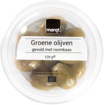 Groene olijven gevuld met roomkaas