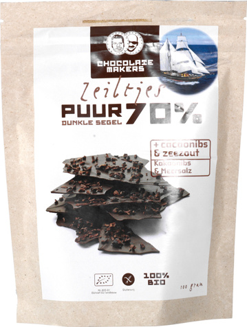 Chocozeiltjes puur 70% met zeezout & nibs