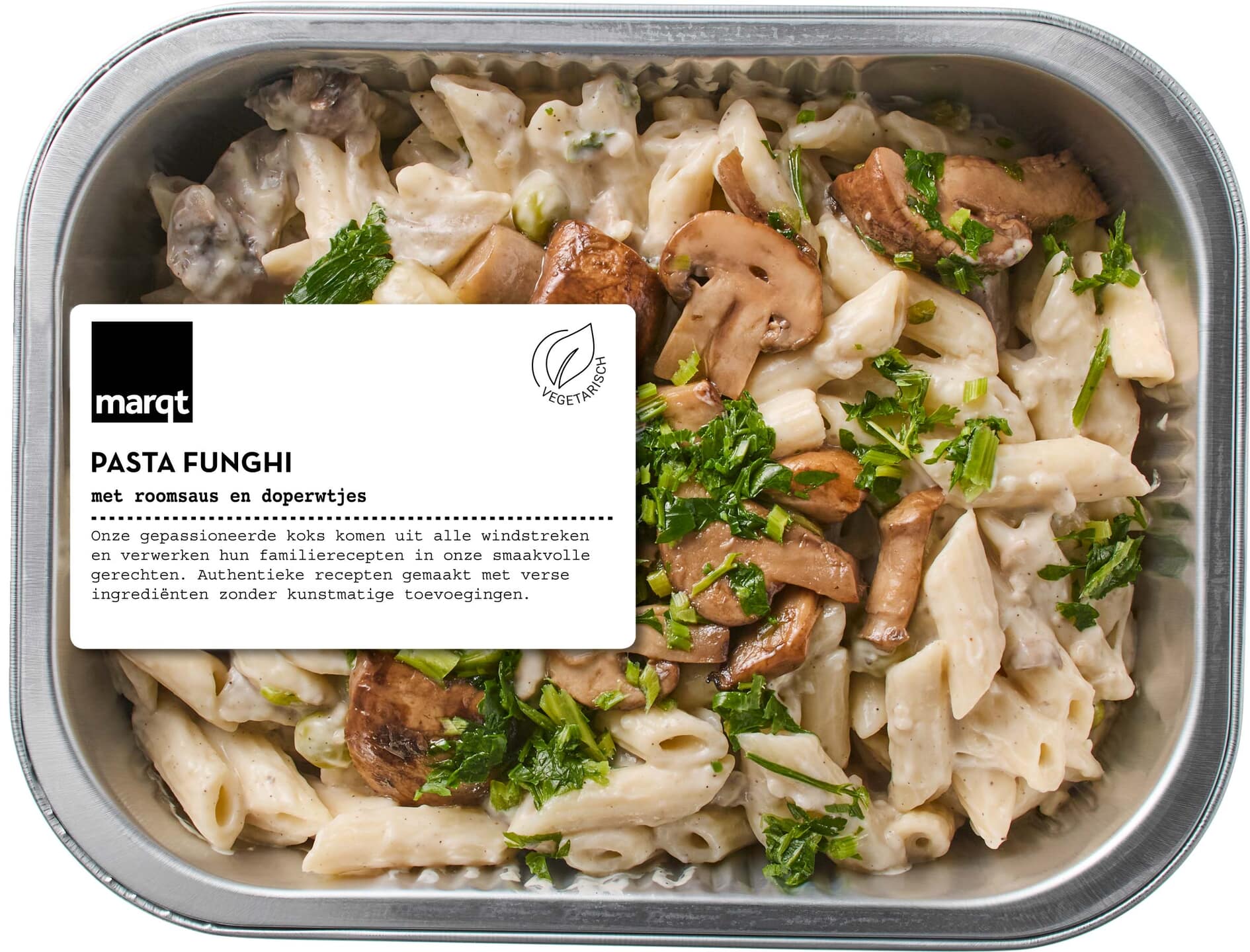 Pasta funghi met roomsaus en doperwtjes